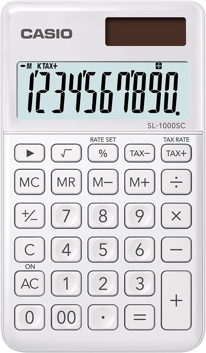 Calculatrice de poche Casio SL-1000SC - Écran extra large à 10 chiffres - Alimenté par énergie solaire et batterie - Couleur blanche