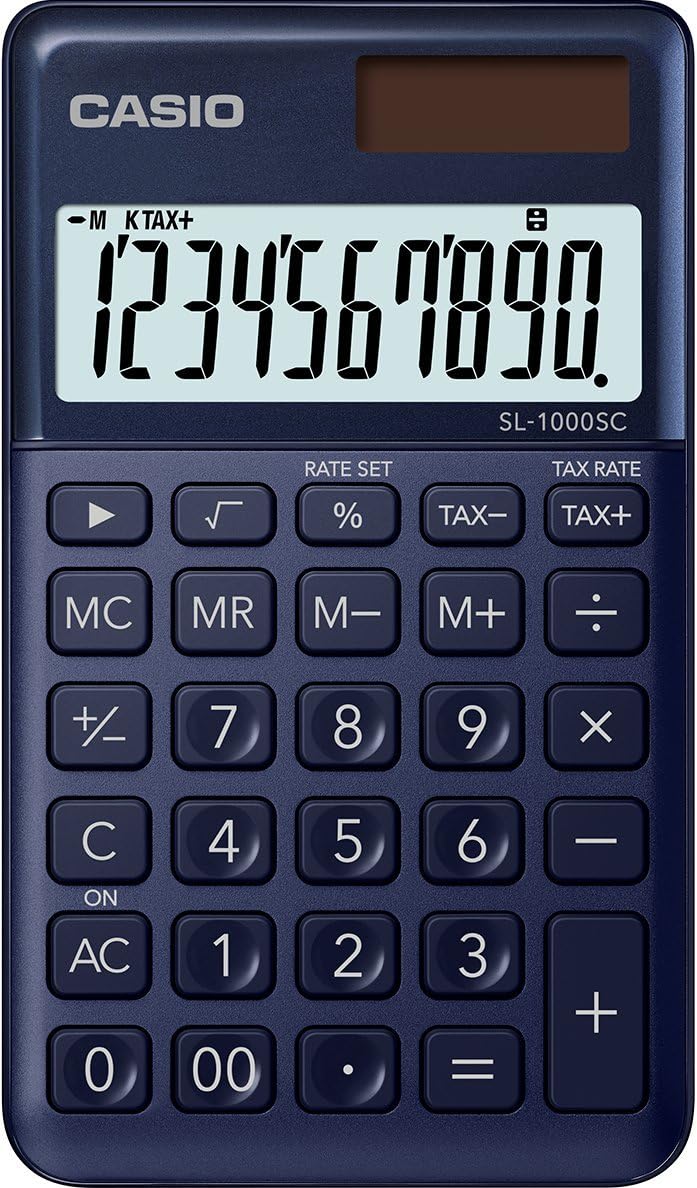 Calculatrice de poche Casio SL-1000SC - Écran extra large à 10 chiffres - Alimenté par énergie solaire et batterie - Couleur bleu foncé