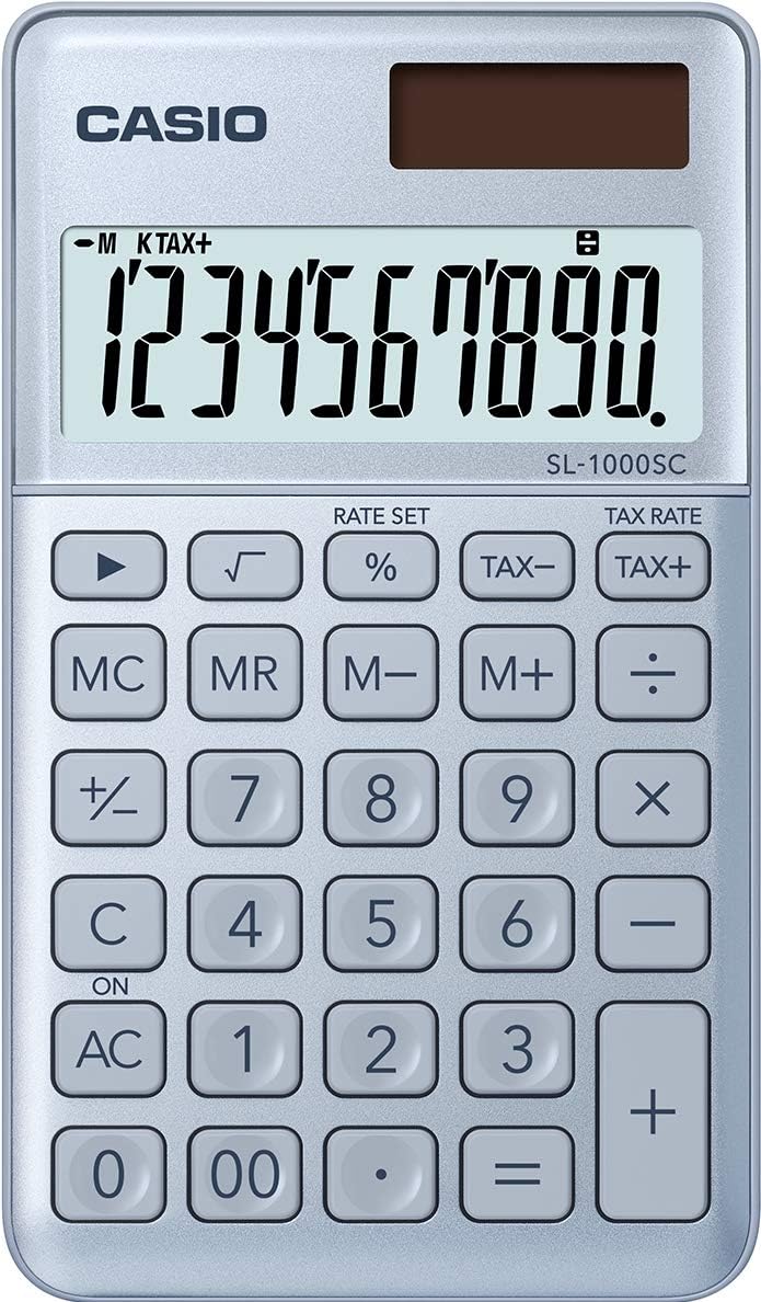 Calculatrice de poche Casio SL-1000SC - Écran extra large à 10 chiffres - Alimenté par l'énergie solaire et par batterie - Couleur bleue