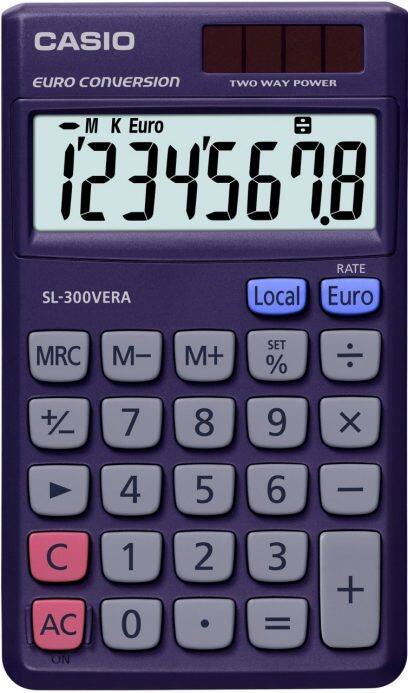 Calculatrice de poche Casio SL-300VERA - Écran LCD extra large à 8 chiffres - Fonction convertisseur euro - Couleur bleu foncé