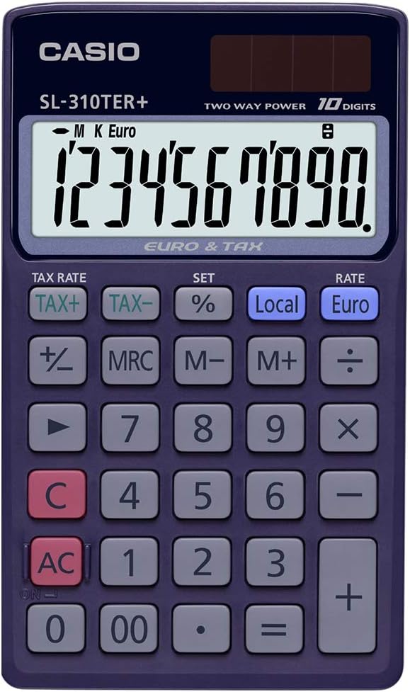 Calculatrice de poche Casio SL-310TER+ - Écran LCD extra large à 10 chiffres - Fonction convertisseur euro - Couleur bleu foncé