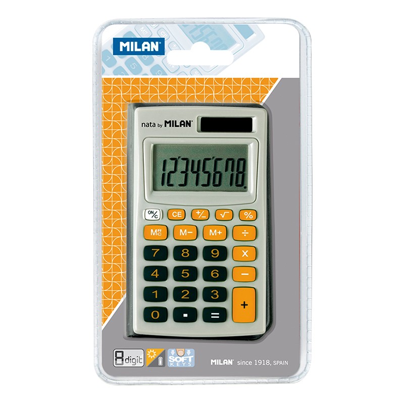 Calculatrice de poche Milan 8 chiffres - 3 touches de mémoire et racine carrée - Arrêt automatique - Étui inclus - Couleurs grise et orange