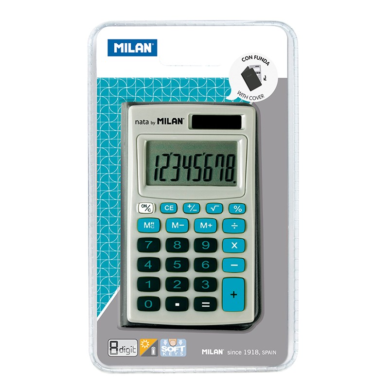 Calculatrice de poche Milan 8 chiffres - 3 touches de mémoire et racine carrée - Arrêt automatique - Étui inclus - Couleur grise et bleue