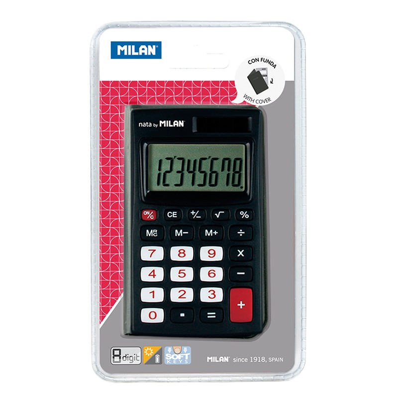 Calculatrice de poche Milan 8 chiffres - 3 touches de mémoire et racine carrée - Arrêt automatique - Étui inclus - Couleur noire