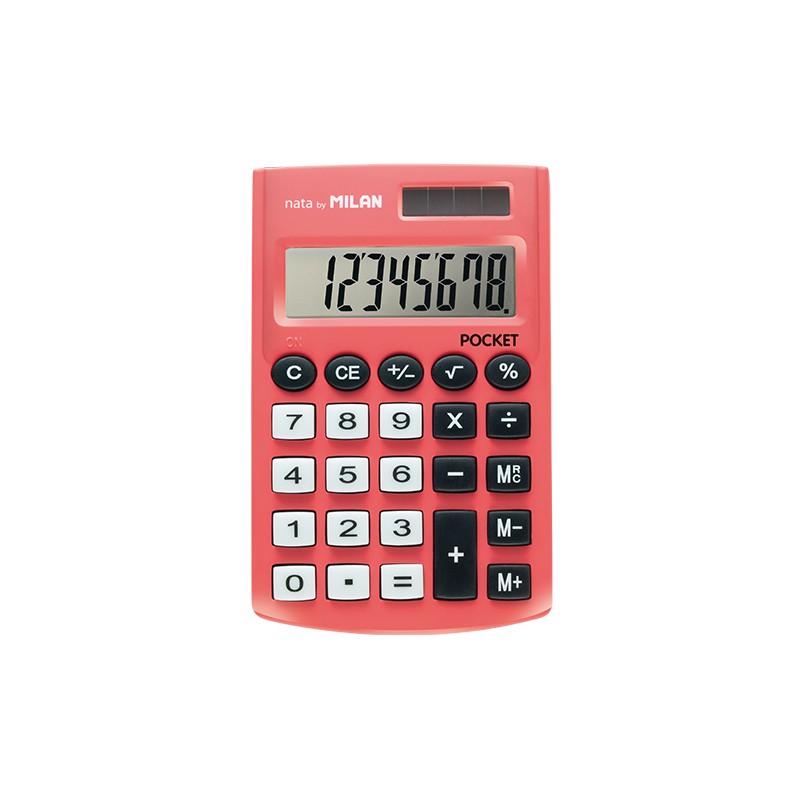 Calculatrice de poche Milan 8 chiffres - Calculatrice de poche - Soft Touch - 3 touches de mémoire et racine carrée - Couleur rouge