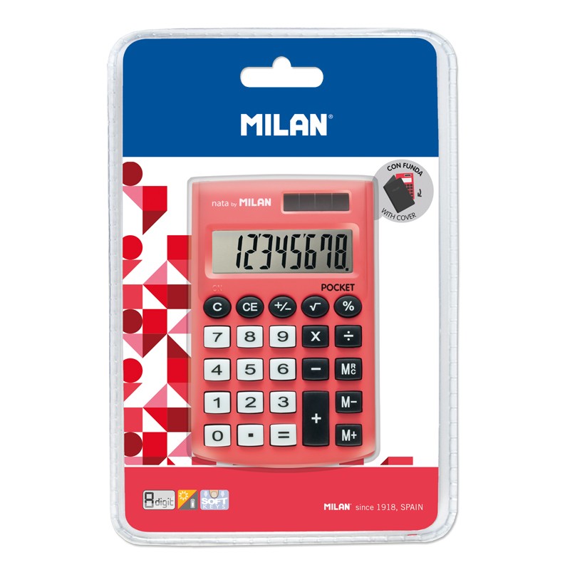 Calculatrice de poche Milan 8 chiffres - Calculatrice de poche - Soft Touch - 3 touches de mémoire et racine carrée - Couleur rouge