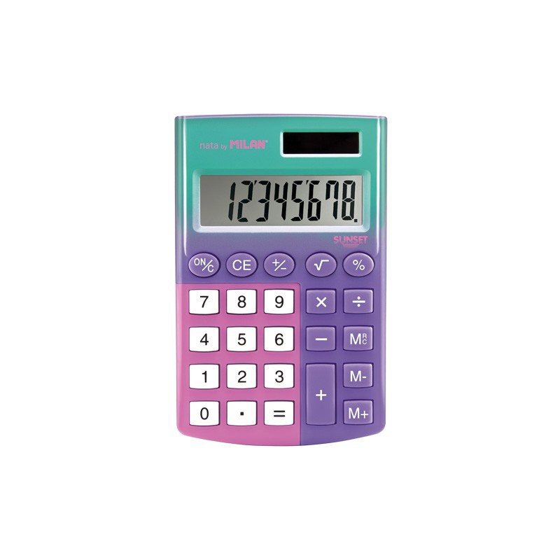 Calculatrice de poche Milan Sunset 8 chiffres - Calculatrice de poche - Soft Touch - 3 touches de mémoire et racine carrée - Couleur lilas et rose