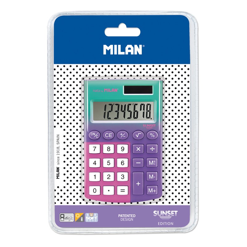 Calculatrice de poche Milan Sunset 8 chiffres - Calculatrice de poche - Soft Touch - 3 touches de mémoire et racine carrée - Couleur lilas et rose