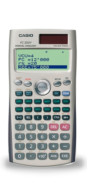 Calculatrice financière Casio FC200V - Affichage 4 lignes - Affichage de plusieurs paramètres en même temps - Touches de raccourci personnalisables - Alimentation par batterie et solaire