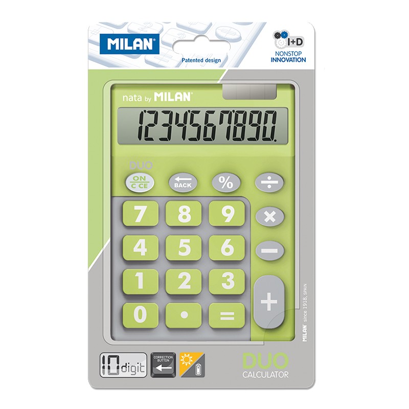 Calculatrice Milan 10 chiffres Duo - Calculatrice de bureau - Grandes touches - Clé de rectification de saisie de données - Couleur verte