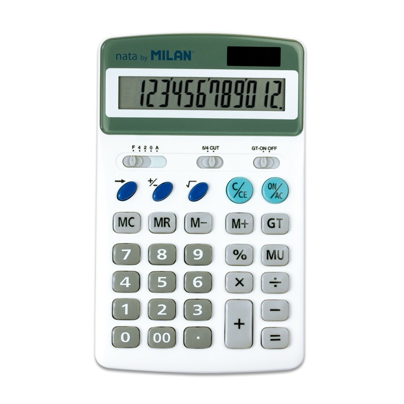 Calculatrice Milan 12 Chiffres - 3 Touches Mémoire - Calcul Racine Carrée et Marge - Arrêt Automatique - Couleur Blanche