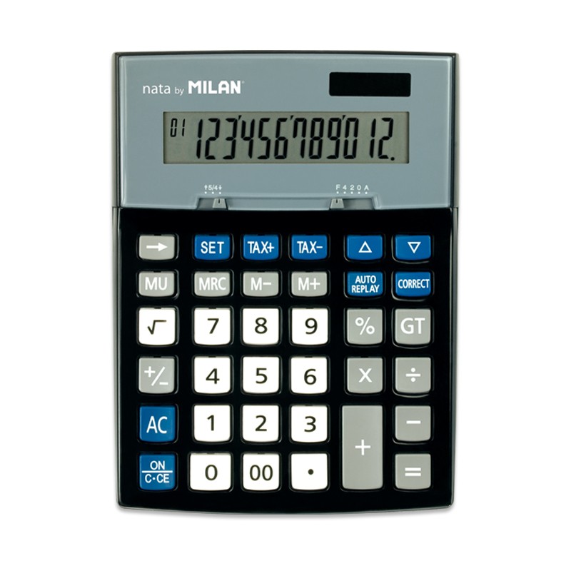 Calculatrice Milan 12 Chiffres - 3 Touches Mémoire - Fonction Taxe - Calcul Marge - Touche Rectification Entrée Données - Couleur Noir