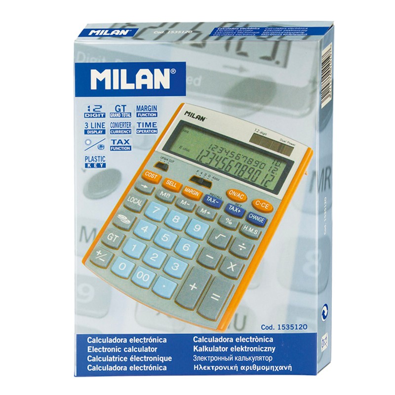Calculatrice Milan 12 chiffres - Affichage 3 lignes - 3 touches de mémoire - Calcul de la marge - Fonction de conversion des taxes, de l'heure et de la devise - Couleur grise et orange