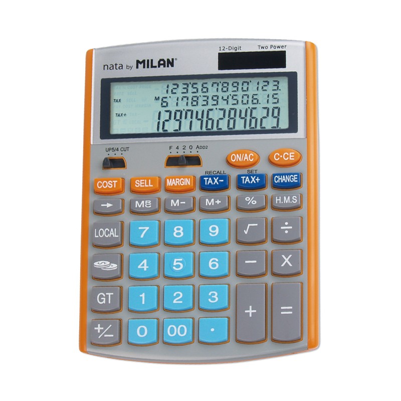 Calculatrice Milan 12 chiffres - Affichage 3 lignes - 3 touches de mémoire - Calcul de la marge - Fonction de conversion des taxes, de l'heure et de la devise - Couleur grise et orange