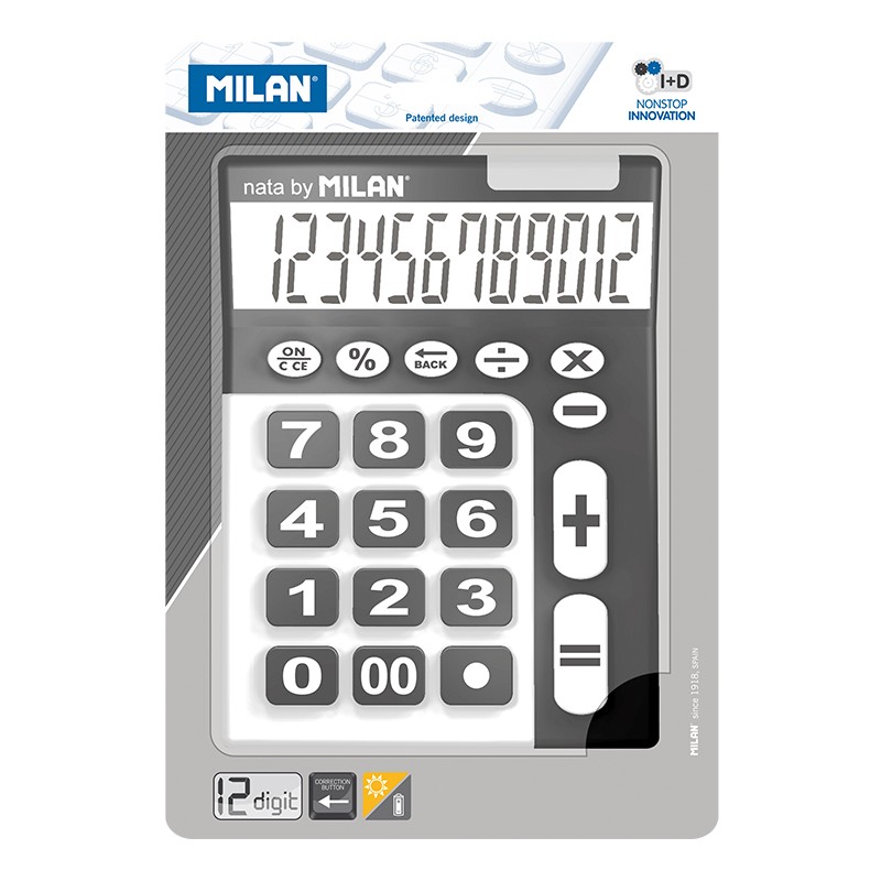 Calculatrice Milan extra large à 12 chiffres - Clé de rectification de saisie de données - Couleur noir et blanc
