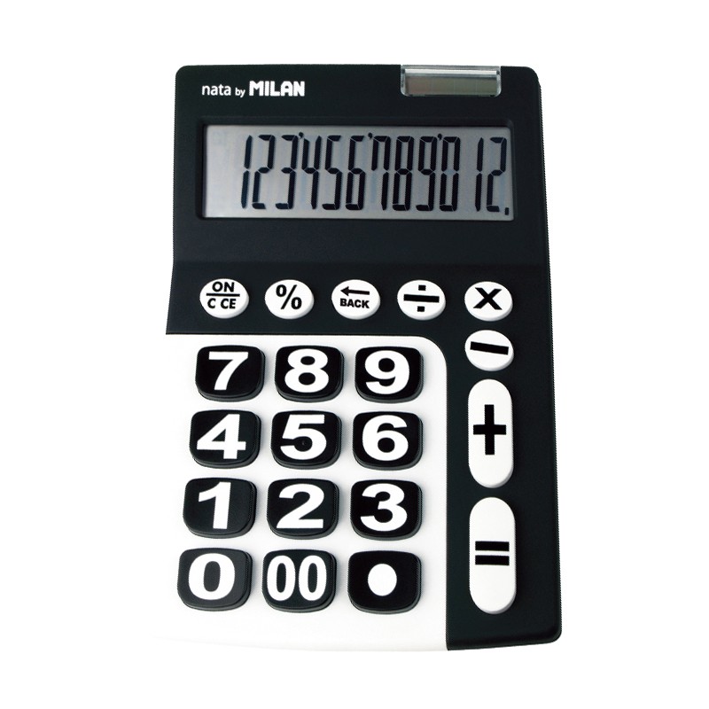 Calculatrice Milan extra large à 12 chiffres - Clé de rectification de saisie de données - Couleur noir et blanc