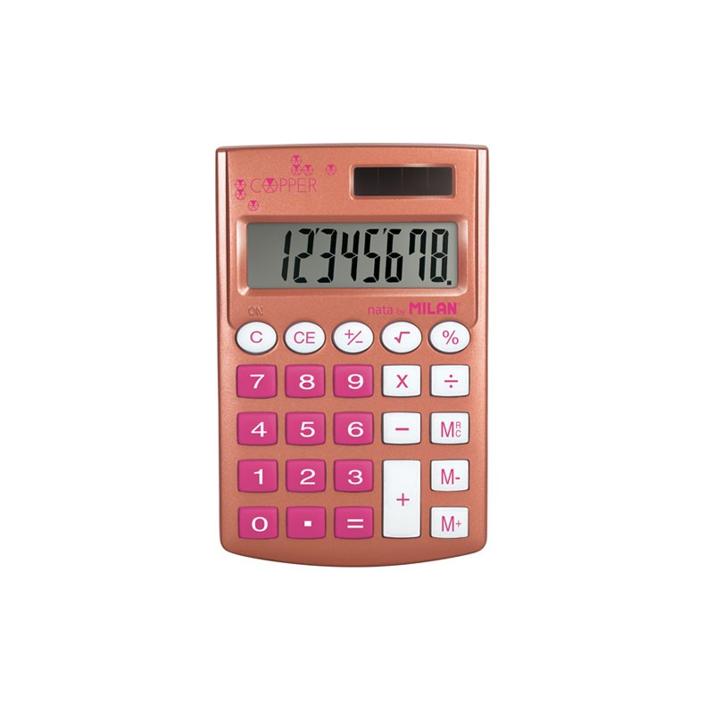 Calculatrice Milan Pocket Cuivre 8 Chiffres - Calculatrice de Poche - Soft Touch - 3 Touches de Mémoire et Racine Carrée - Couleur Rose