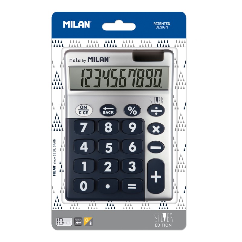 Calculatrice Milan Silver à 10 chiffres - Calculatrice de bureau - Grandes touches - Clé de rectification de saisie de données - Couleur grise