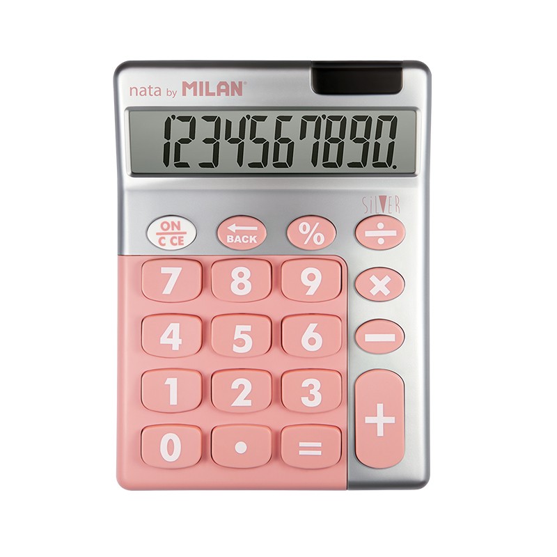 Calculatrice Milan Silver à 10 chiffres - Calculatrice de bureau - Grandes touches - Clé de rectification de saisie de données - Couleur rose