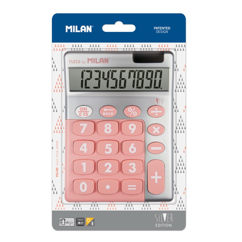 Calculatrice Milan Silver à 10 chiffres - Calculatrice de bureau - Grandes touches - Clé de rectification de saisie de données - Couleur rose