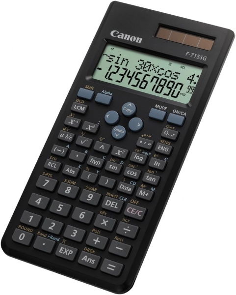 Calculatrice scientifique Canon F-715SG avec écran LCD 2 lignes 16 chiffres - Calcul interne jusqu'à 16 chiffres - 250 fonctions et caractéristiques - Boîtier de protection - Alimenté par énergie solaire et batterie - Couleur noire