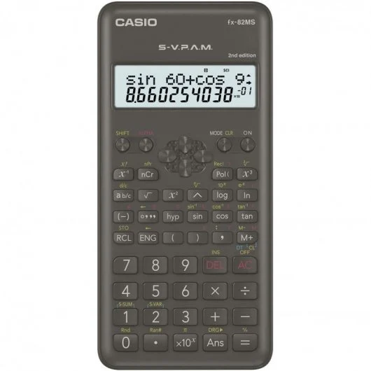 Calculatrice scientifique Casio FX-82MS 2e édition - Écran LCD 2 lignes - 240 fonctions intégrées - 8 mémoires variables - Calcul de pourcentage - Alimentation : 1 pile AA