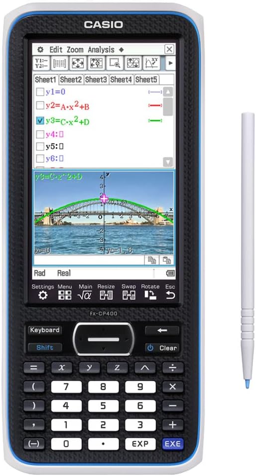 Calculatrice scientifique graphique 3D Casio FX-CP400 - Écran tactile couleur - Graphiques 3D - Dessin simultané jusqu'à 100 courbes - Alimenté par batterie