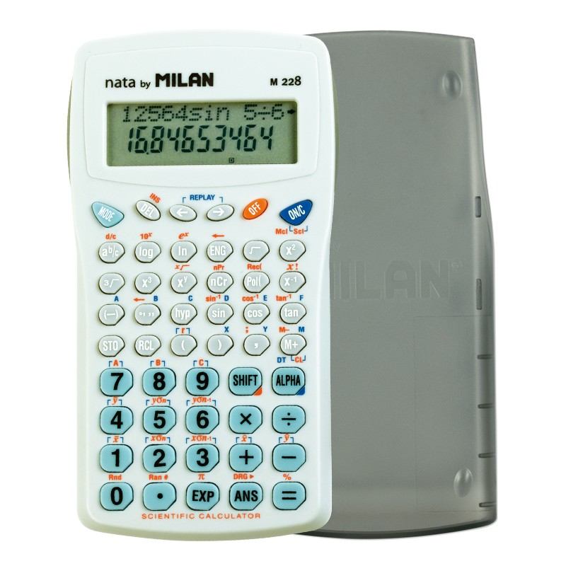 Calculatrice Scientifique Milan M228 10+2 Chiffres - Affichage 2 Lignes - 228 Fonctions Intégrées - Housse de Protection - Couleur Blanche