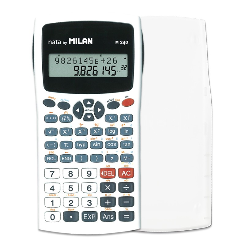 Calculatrice Scientifique Milan M240 10+2 Chiffres - Affichage 2 Lignes - 240 Fonctions Intégrées Dont 124 Scientifiques - Housse de Protection - Couleur Blanche