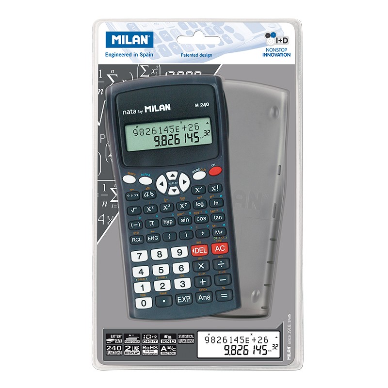 Calculatrice Scientifique Milan M240 10+2 Chiffres - Affichage 2 Lignes - 240 Fonctions Intégrées Dont 124 Scientifiques - Housse de Protection - Couleur Noir