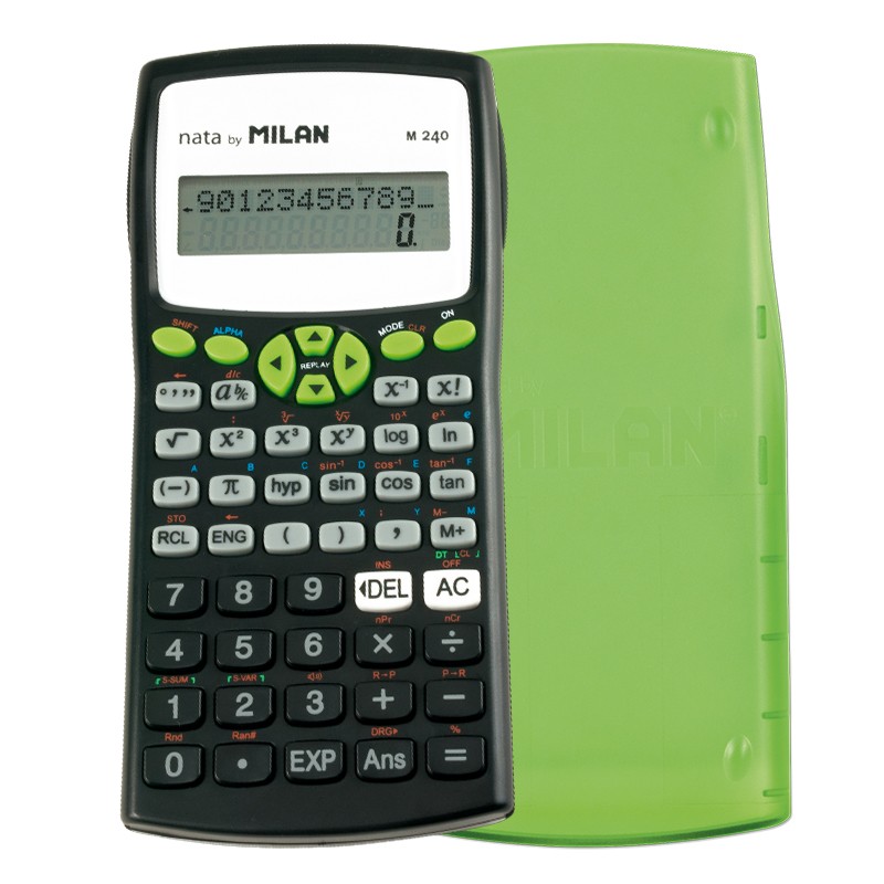 Calculatrice Scientifique Milan M240 10+2 Chiffres - Affichage 2 Lignes - 240 Fonctions Intégrées Dont 124 Scientifiques - Etui de Protection Vert - Couleur Noir