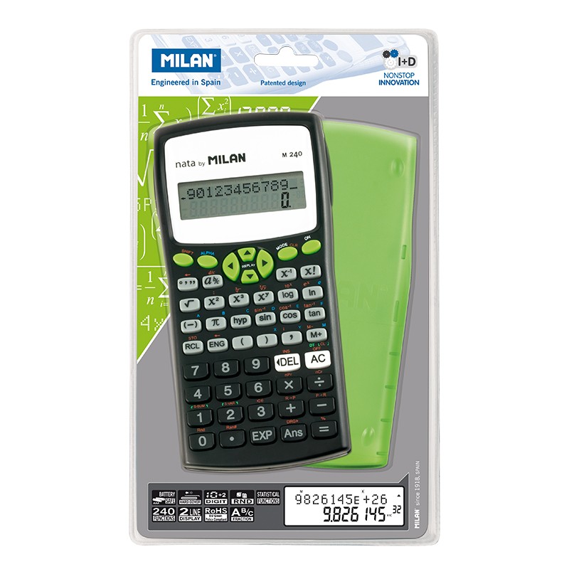 Calculatrice Scientifique Milan M240 10+2 Chiffres - Affichage 2 Lignes - 240 Fonctions Intégrées Dont 124 Scientifiques - Etui de Protection Vert - Couleur Noir