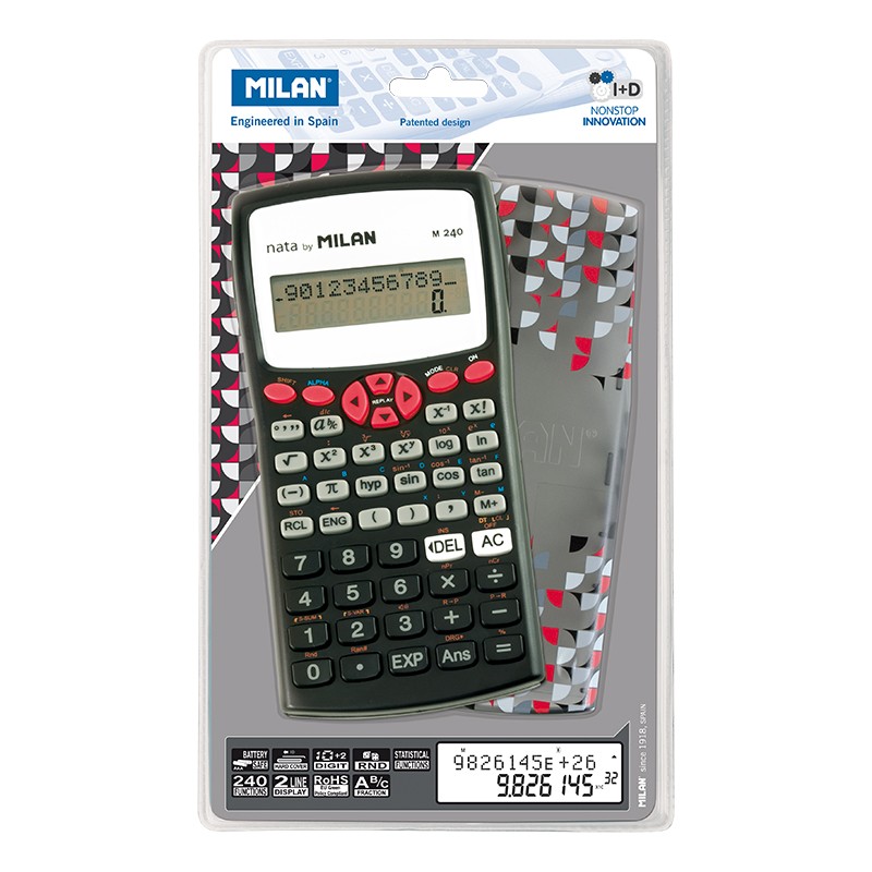 Calculatrice Scientifique Milan M240 10+2 Chiffres - Affichage 2 Lignes - 240 Fonctions Intégrées Dont 124 Scientifiques - Housse de Protection Imprimée - Couleur Noir