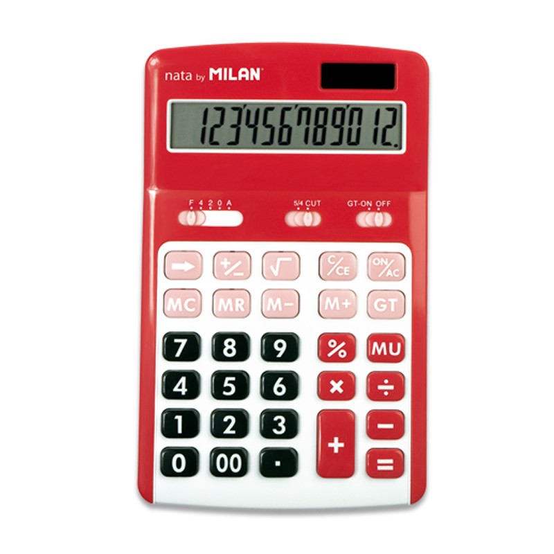 Calculatrices Milan à 12 chiffres - 3 touches de mémoire - Calcul de la marge - Racine carrée - Mise hors tension automatique - Couleur rouge et blanche
