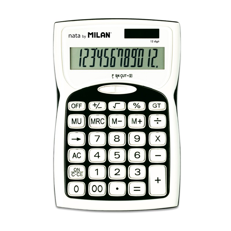 Calculatrices Milan à 12 chiffres - 3 touches de mémoire - Racine carrée - Calcul de la marge - Touche Off - Couleur noir et blanc