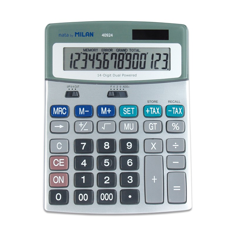 Calculatrices Milan à 14 chiffres - 3 touches de mémoire - Fonction fiscale - Calcul de la marge - Couleur grise