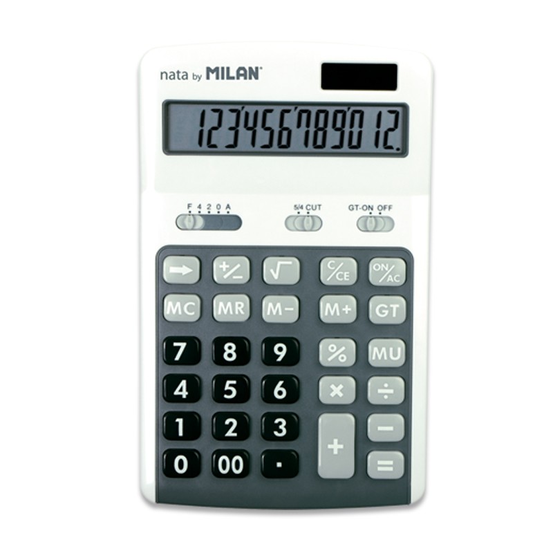 Calculatrices Milan de 12 chiffres - 3 touches de mémoire - Calcul des marges - Racine carrée - Arrêt automatique - Couleur blanche et grise