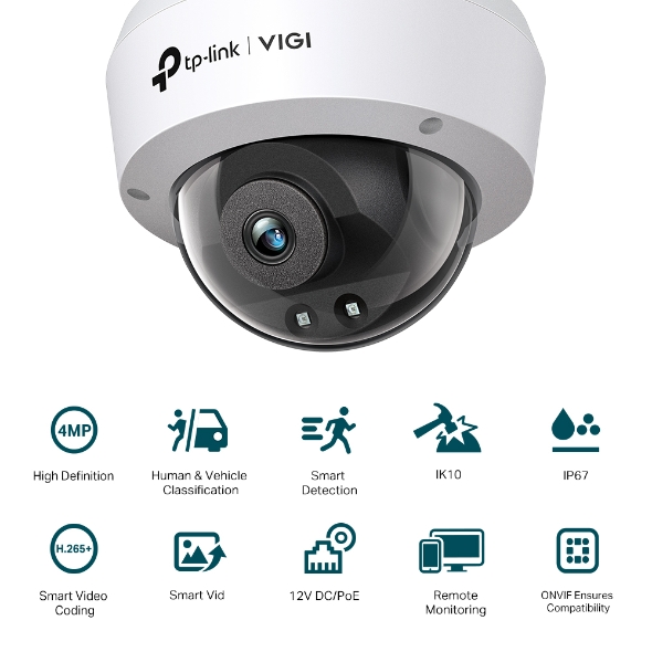 Caméra de sécurité IP TP-Link VIGI C240I 4 mm 4MP - Vidéo H.265+ - Détection intelligente - Technologies Smart IR, WDR, 3D DNR et vision nocturne - PoE et alimentation 12V DC - Résistance IK10 et IP67