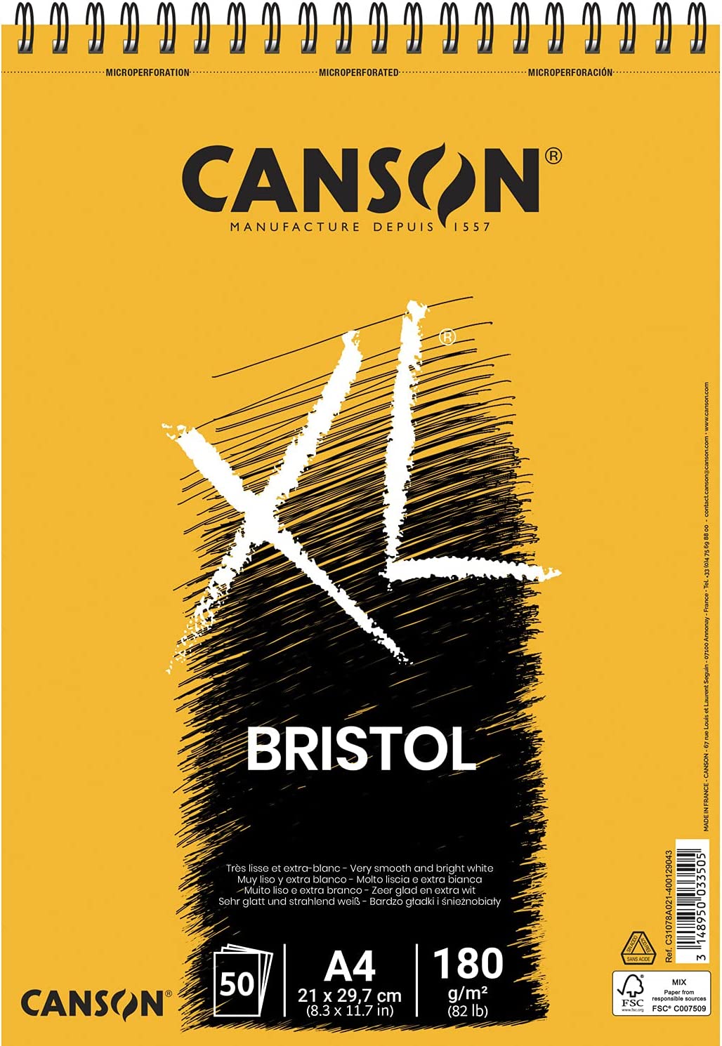 Canson Album Spirale XL Bristol Extra Lisse 50 Feuilles - 21x29,7 - 180gr - Couleur Blanc