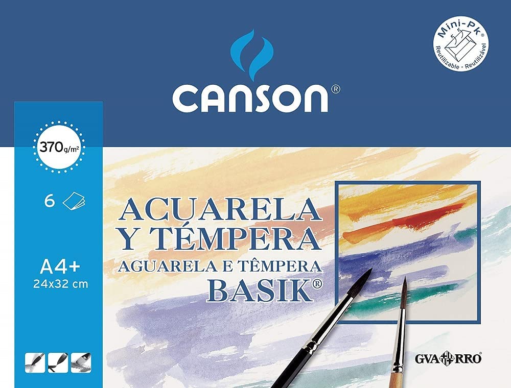 Canson Aquarelle Basik Minipack de 6 Feuilles A4+ - 24x32cm - 370g - Couleur Blanc