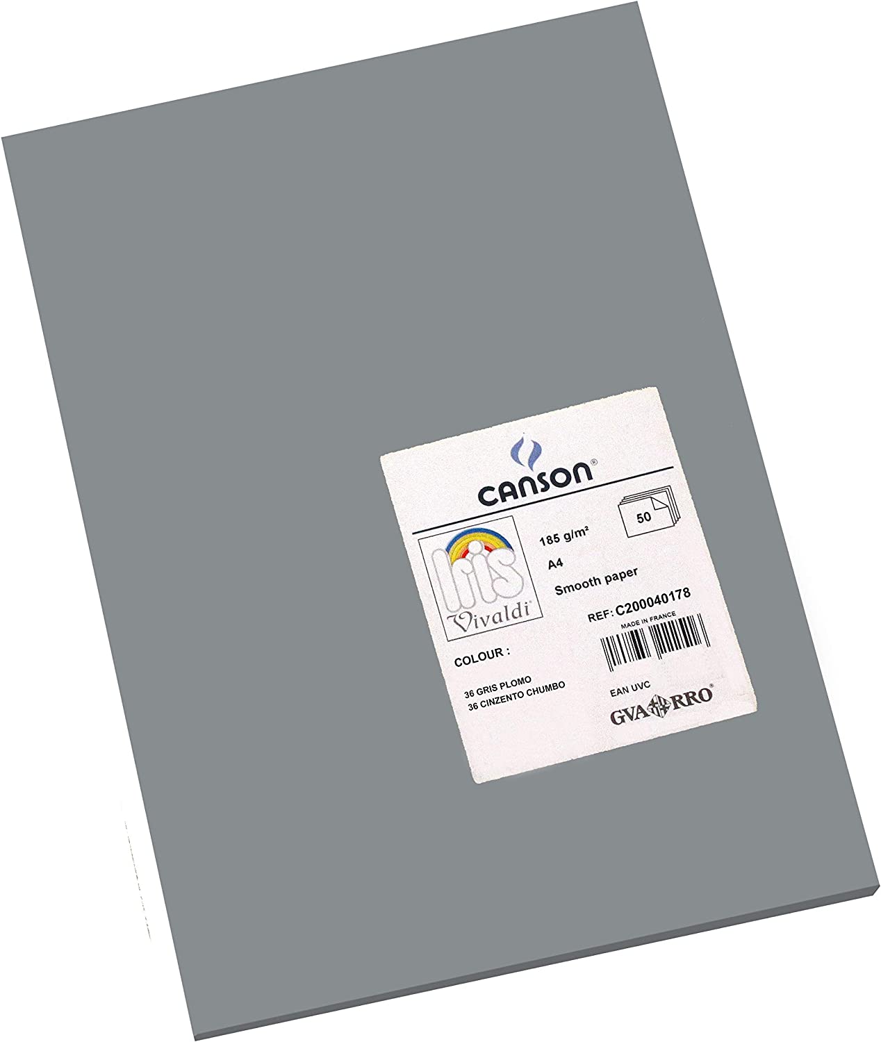 Canson Guarro Pack de 50 Cartes A4 Iris de 185g - 21x29,7cm - Couleur Gris Plomb