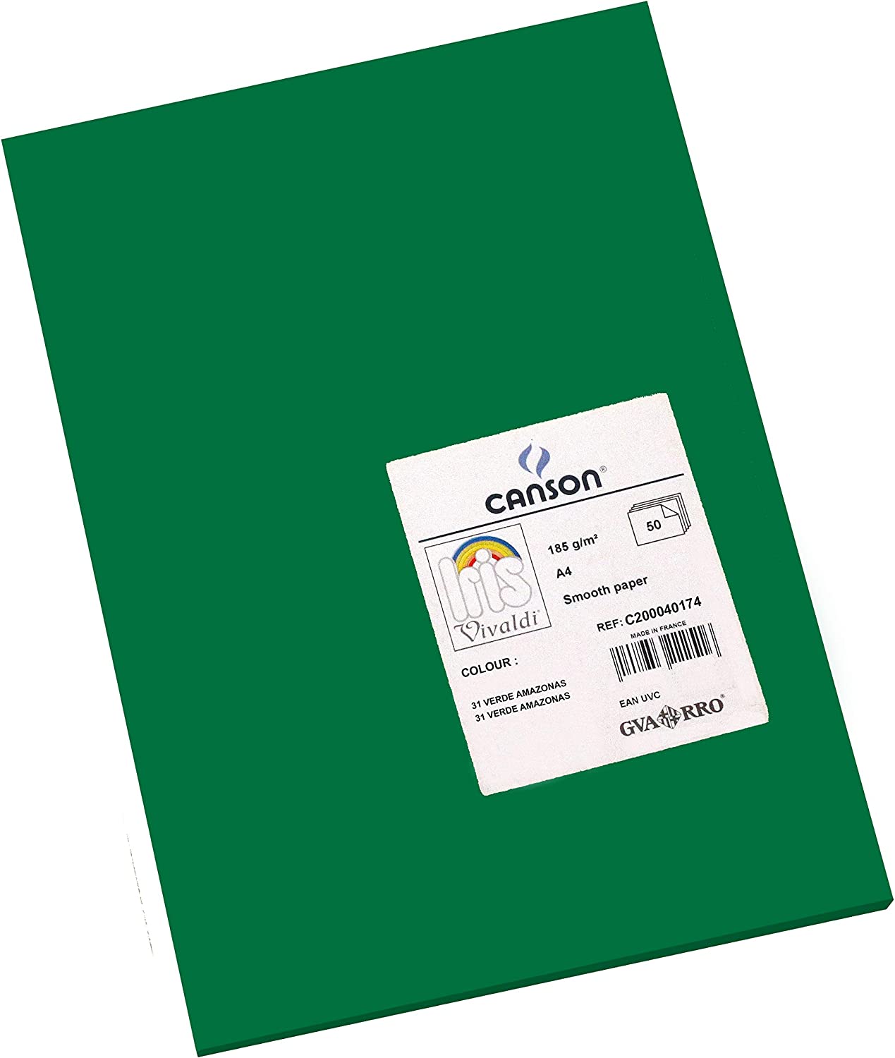 Canson Guarro Pack de 50 Cartes A4 Iris de 185g - 21x29,7cm - Couleur Vert Amazone