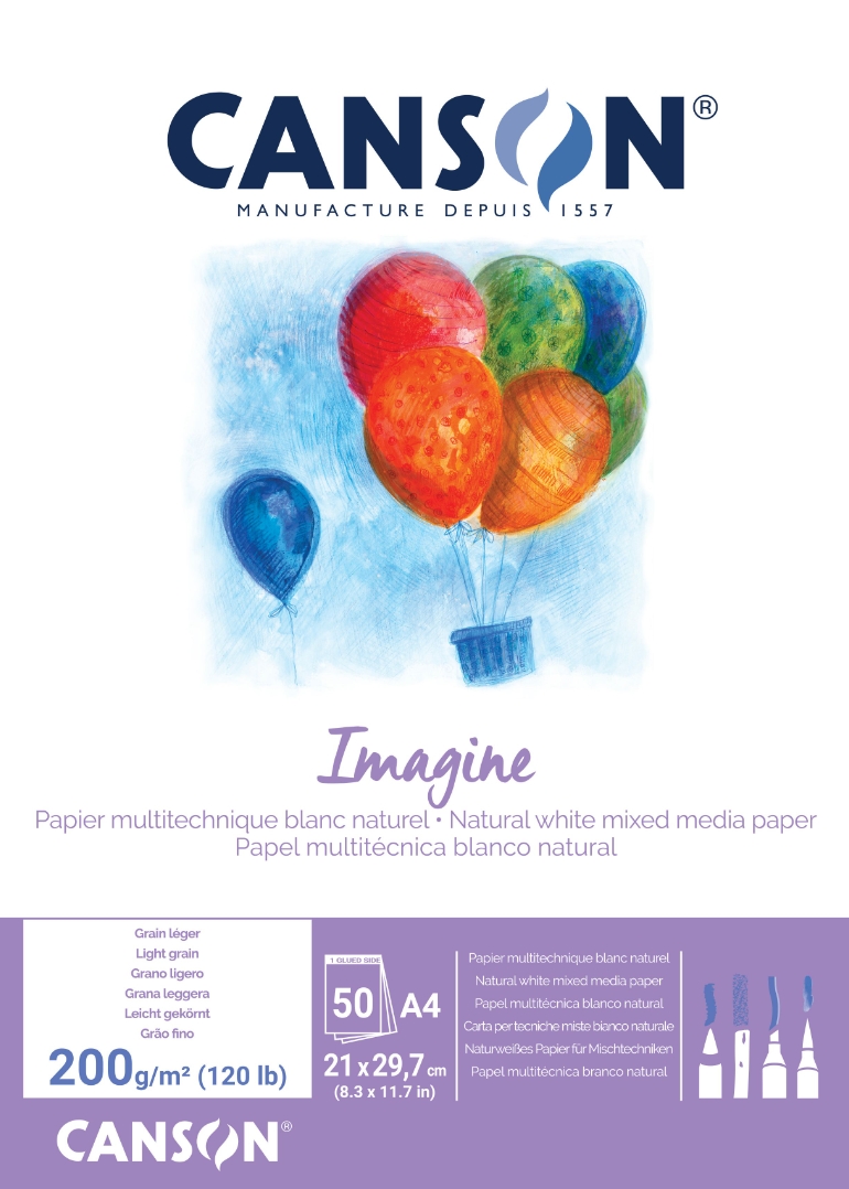 Canson Imagine Bloc de 50 Feuilles A4 Collées - Grain Fin - 21x29,7cm - 200g - Couleur Blanc