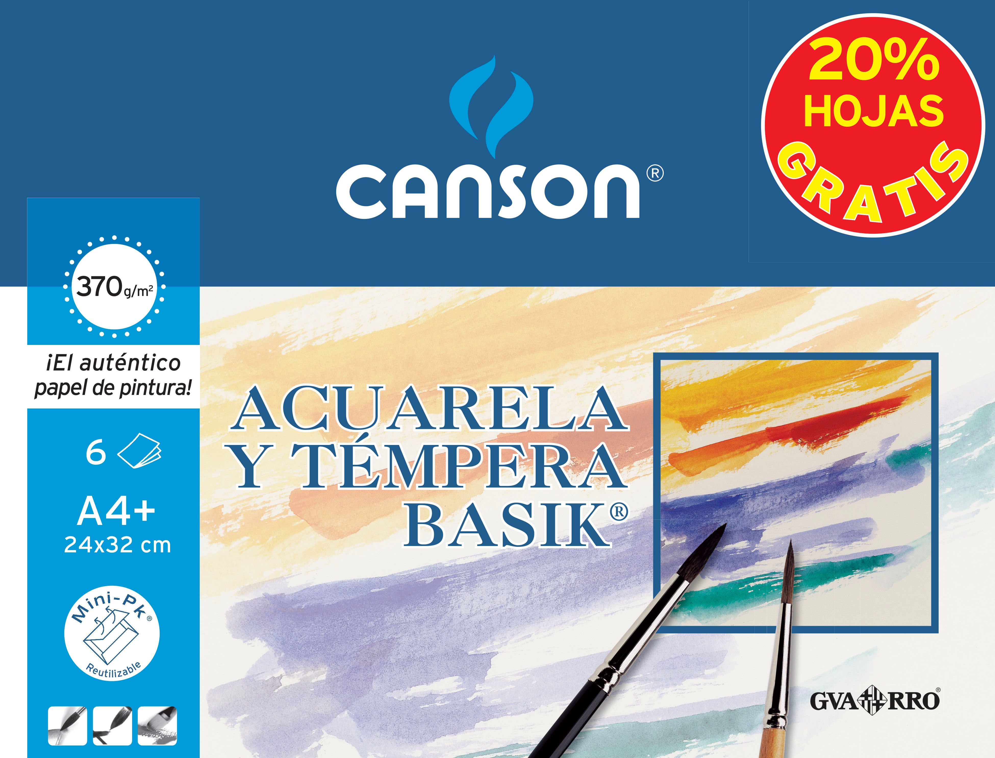 Canson Minipack Promo 6 Feuilles Aquarelle Basik - 24x32 - 370g - 20% de Feuilles Offertes - Coloris Blanc
