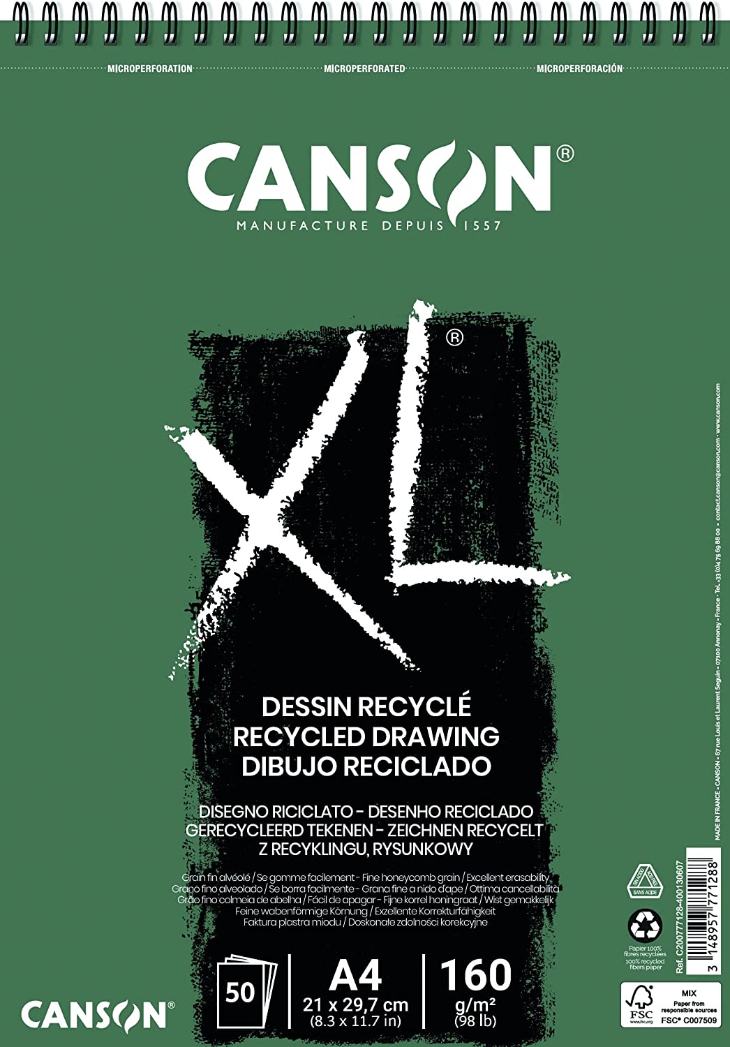 Canson XL Bloc Dessin Recyclé + 50 Feuilles A4 - Spirale Microperforée - Grain Fin - 160g - Couleur Blanc
