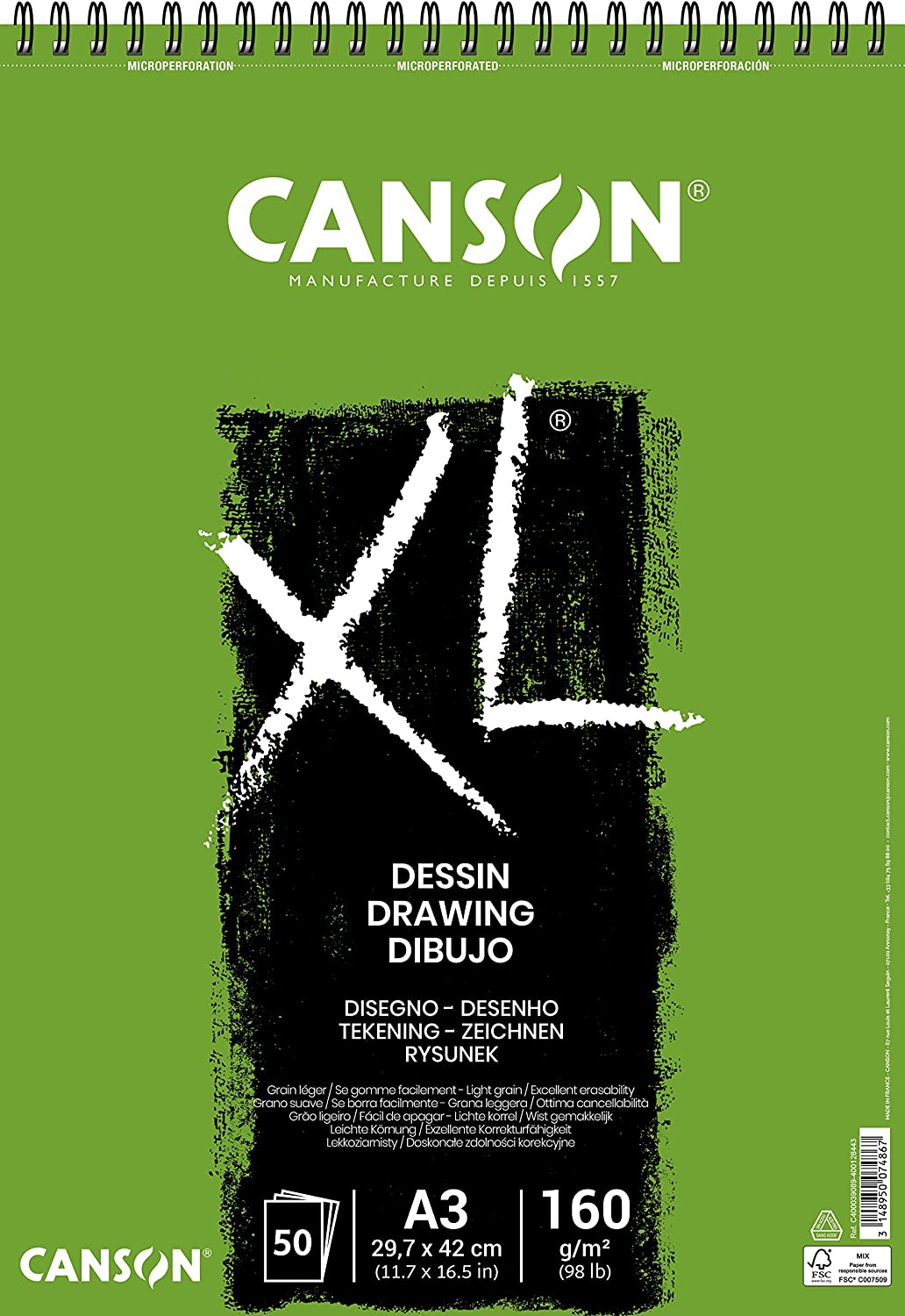 Canson XL Dessin Light Bloc Dessin avec 50 Feuilles A3 - Spirale Microperforée - 29,7x42cm - 160g - Couleur Blanc