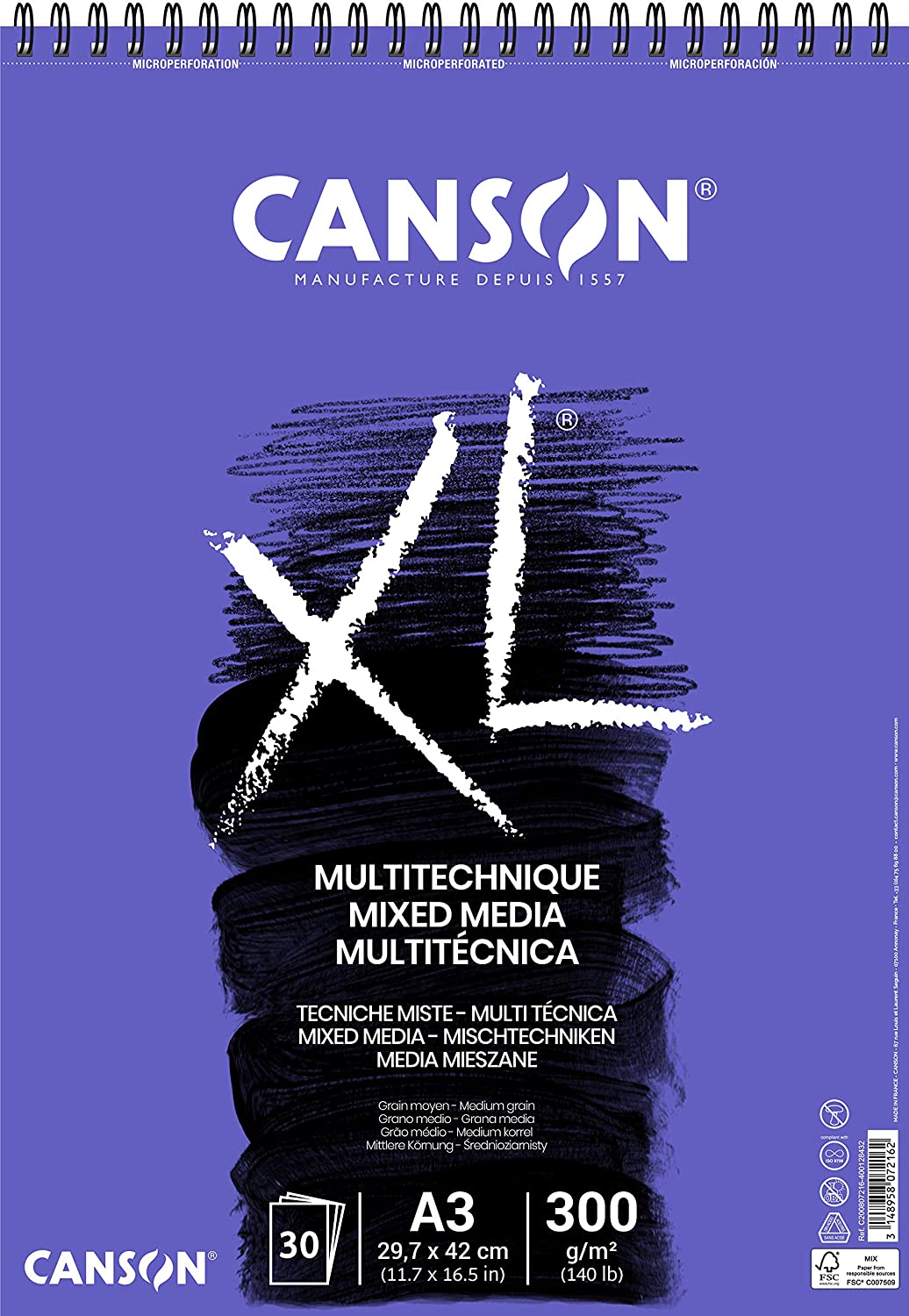 ✓ Canson XL Mix Media Bloc Dessin Aquarelle 30 Feuilles A3 - Grain Texturé  - Spirale Microperforé - 21x29,7cm en stock - 123CONSOMMABLES