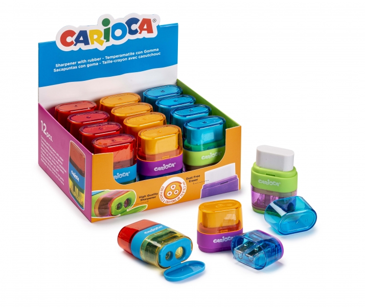 Carioca Afila-Borra Présentoir de 12 taille-crayons avec caoutchouc - Double trou - Convient pour crayons et crayons de couleur - Vis de sécurité - Dépôt de copeaux - Différentes couleurs