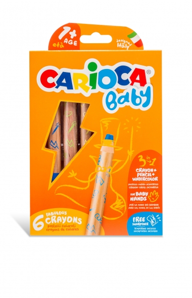Carioca Baby 1+ 3In1 Pack de 6 crayons - Crayon cire et aquarelle en un - Corps extra large - Aquarelle - Taille-crayon inclus - Couleurs vives et lavables - Différentes couleurs