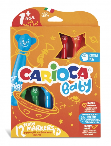 Carioca Baby Teddy Lot de 12 marqueurs – Super sûrs – Forme ergonomique – Encre super lavable – Testé dermatologiquement – Différentes couleurs